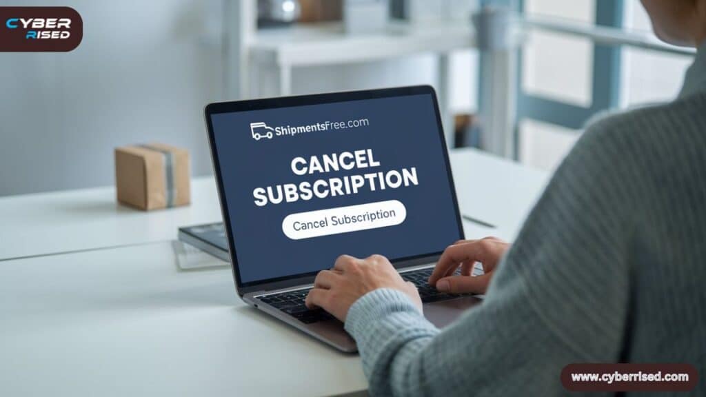 Design an image that illustrates a person canceling a subscription online. The person is sitting at a desk with a laptop, and the screen clearly shows a 'Cancel Subscription' button on the Shipmentsfree.com website. The background should include a minimalist, clean office setting with a focus on the laptop screen. Incorporate icons or symbols representing shipping and online services, such as a small package and a delivery truck in the background. The overall color scheme should be calming, using soft blues and greys." i want you enhance the only prompt which include some Canceling Your Shipmentsfree.com Subscription pictures and it shouldn't be illustrated